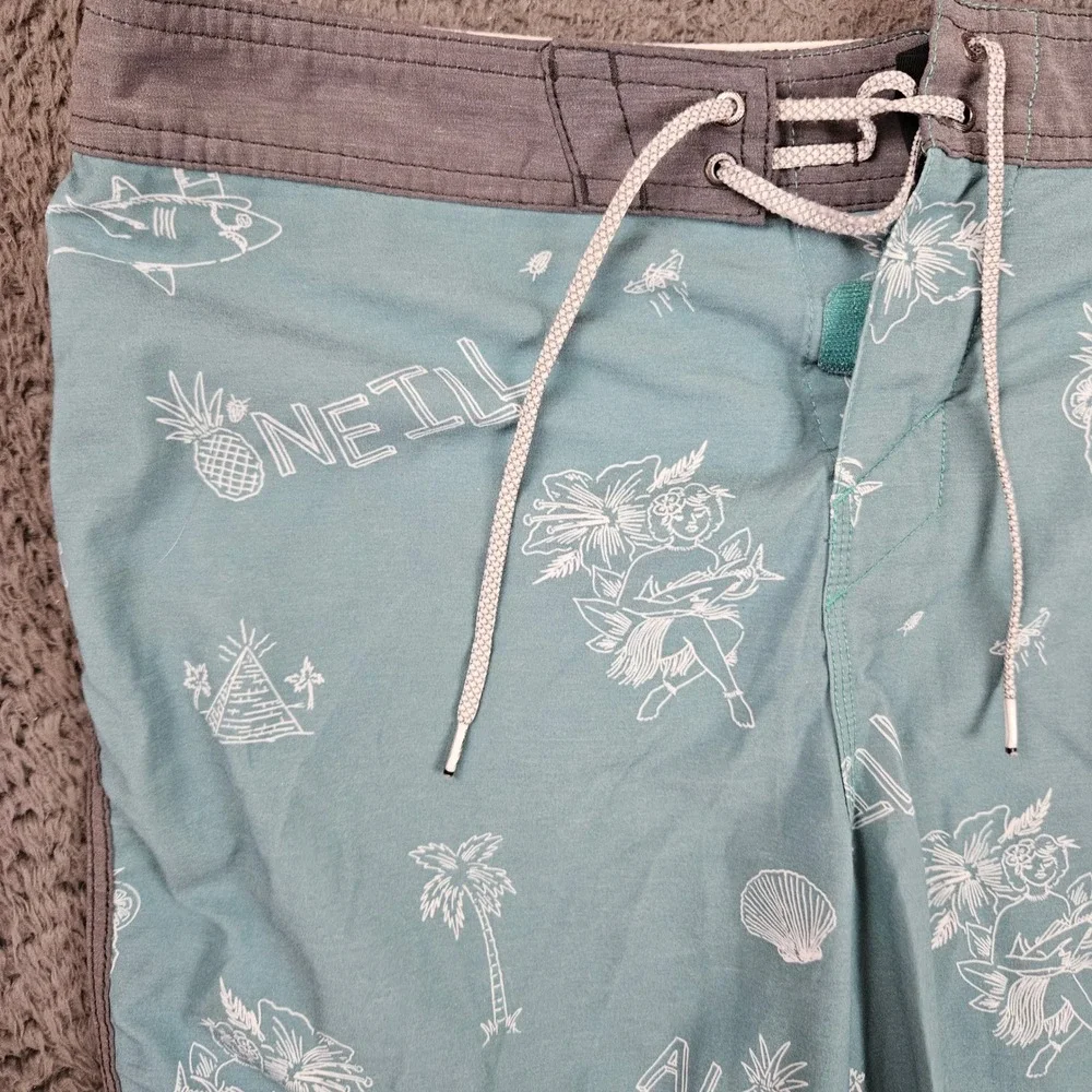 ONeill Hyperfreak Mens Board Shorts 32 Teal Aloha Tropical Print Stretch Swim - Picture 2 of 12
